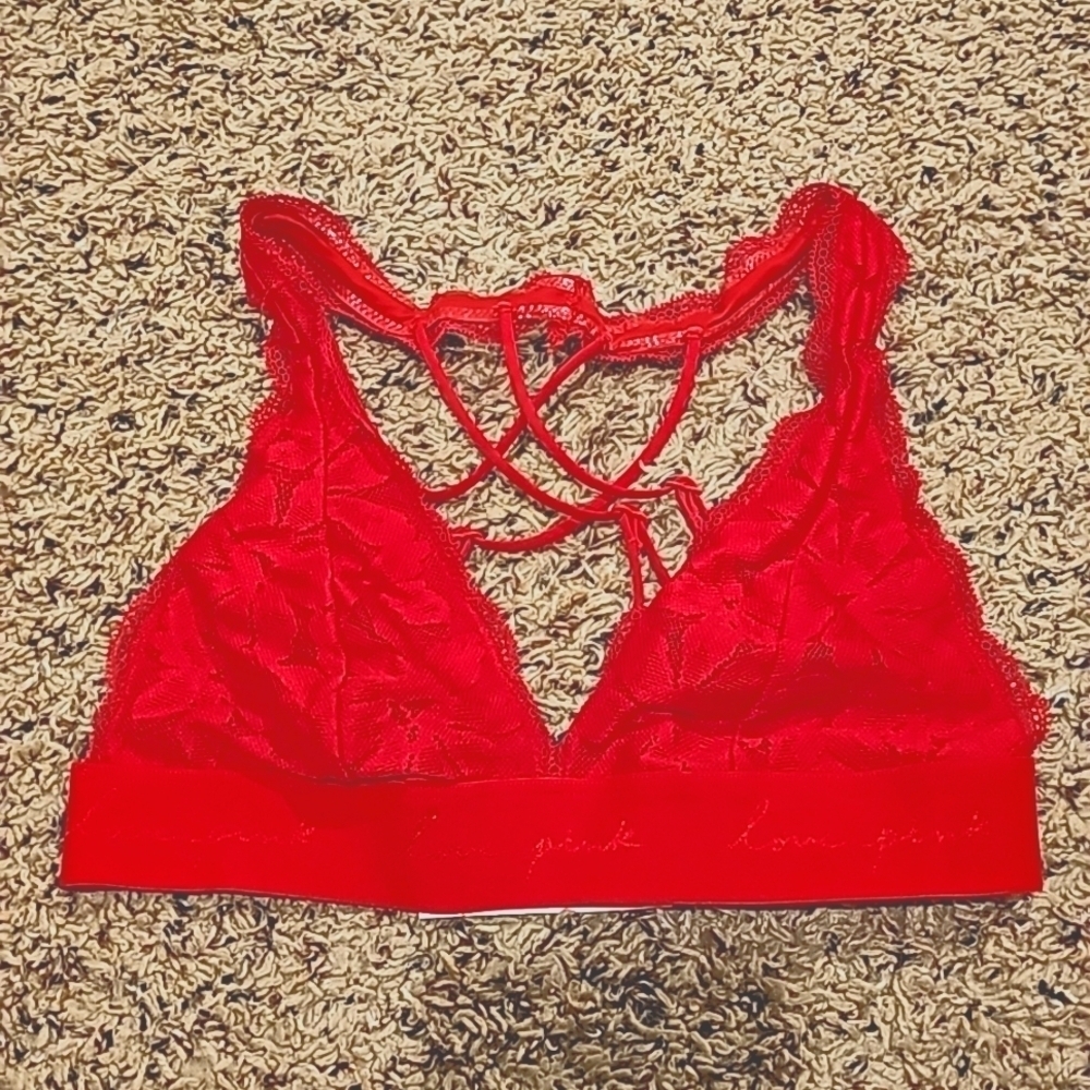 VS PINK XS Red “love Pink” Strap Logo lace trim triangle bralette